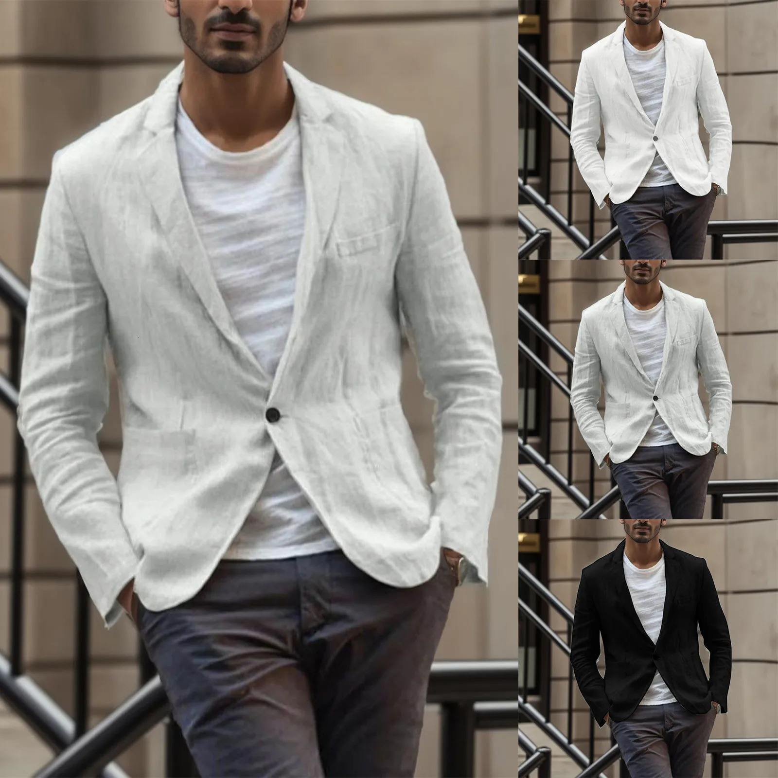2024 Mens Blazer Jacket Spring Summer Solid Slim Casual Business Thin Breathable White Cotton Linen Suit Coat Male 240821
