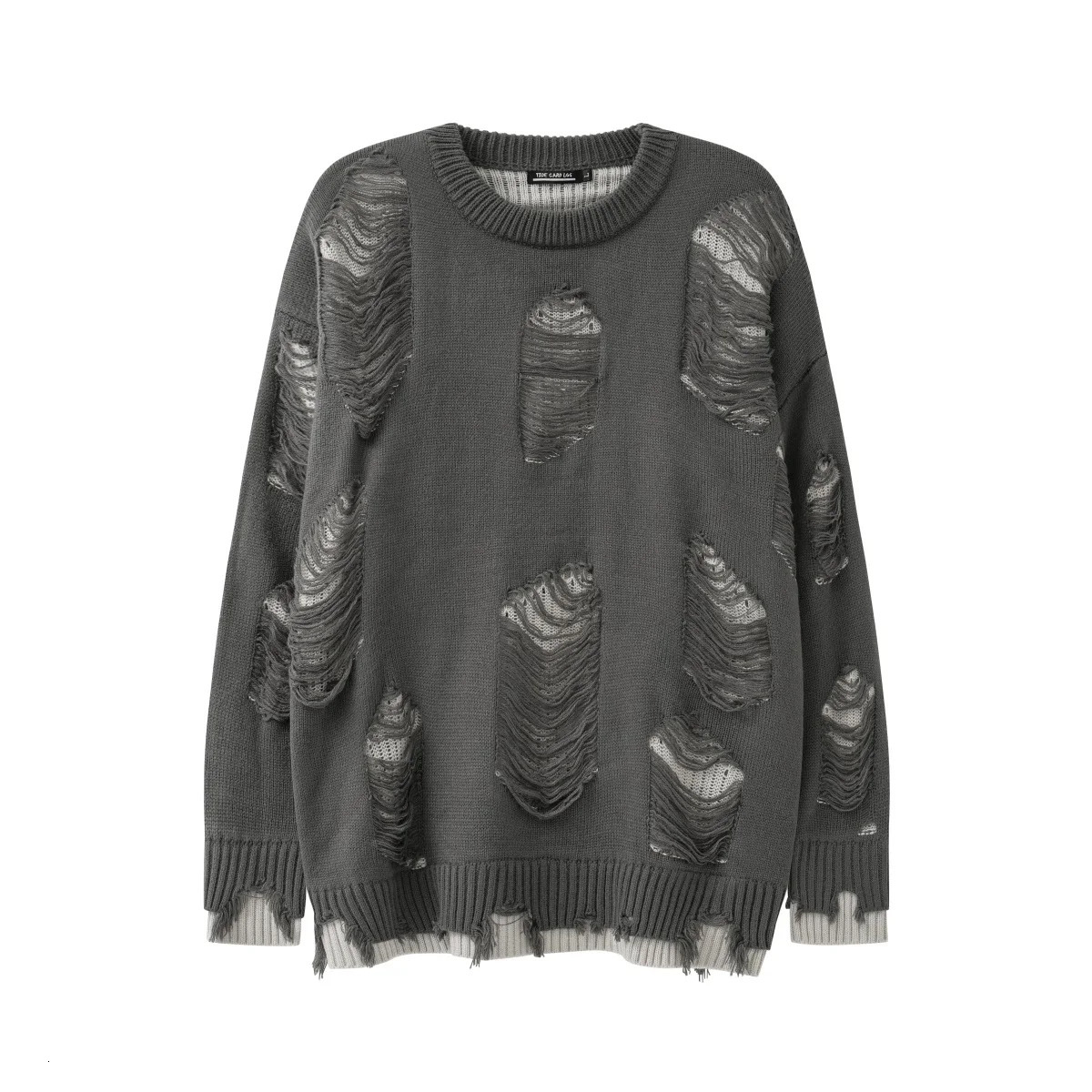 Wear resistant hole double-layer oversized pullover sweater for men autumn and winter crew collar torn casual couple knitted sweater240808