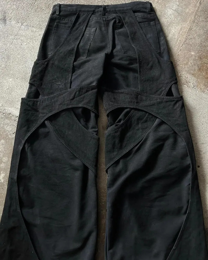 Pantalon de nettoyant jeans en vrac creux y2k noir couleur solide rétro joker sauts jeans décontractés pour les hommes et les femmes amoureux 240