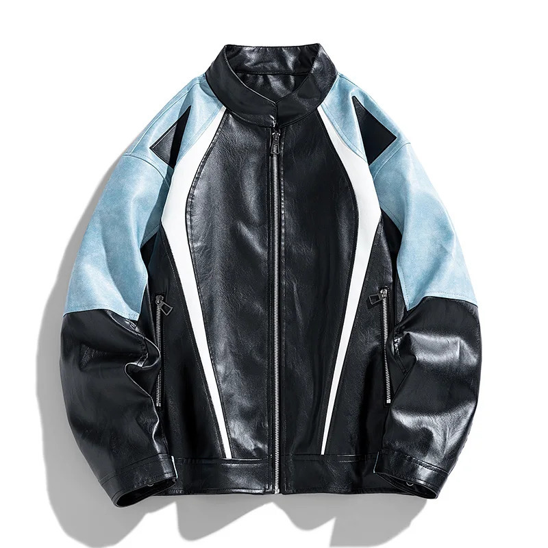 Motorcycle jacket mens patch work leather autumn winter highquality retro Pu bomber casual 240808