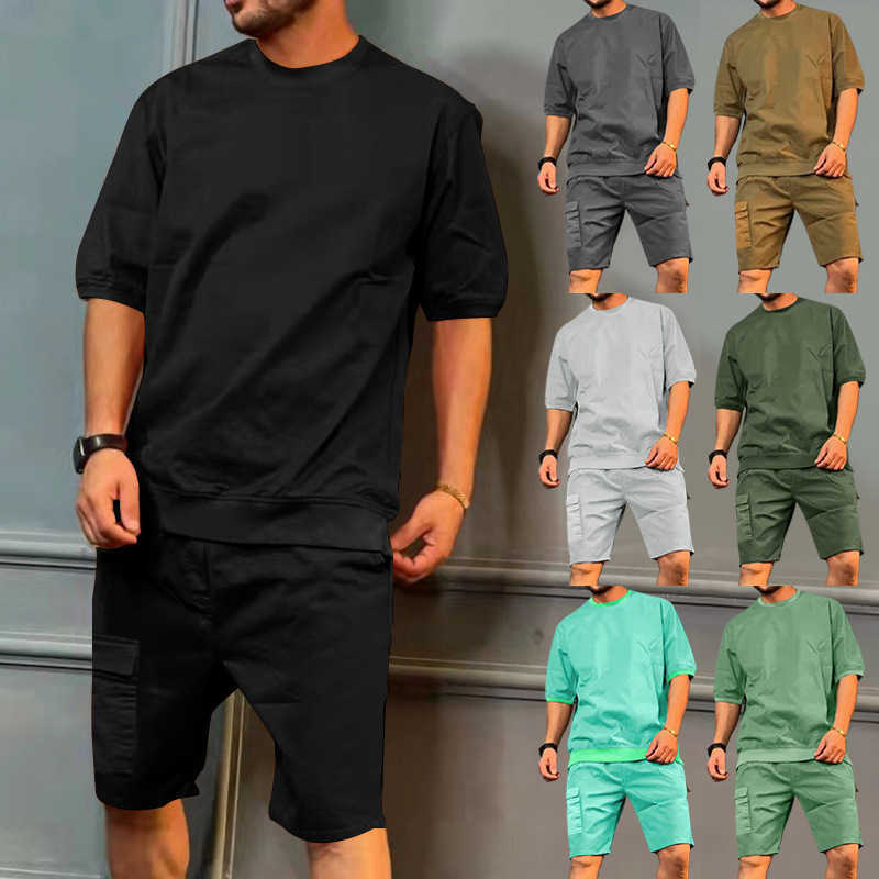 Men's Trksuits 2024 Summer men's sportswear cargo multi-bag five-quarter pants casual beh short-slved shorts men's suit L26924