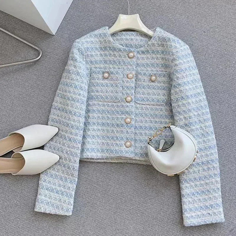 Autumn Winter Women Tweed Coat Korean Fashion Single Breasted Cropped Jacket Woman Elegant Loose Short Outerwear Clothes 240809