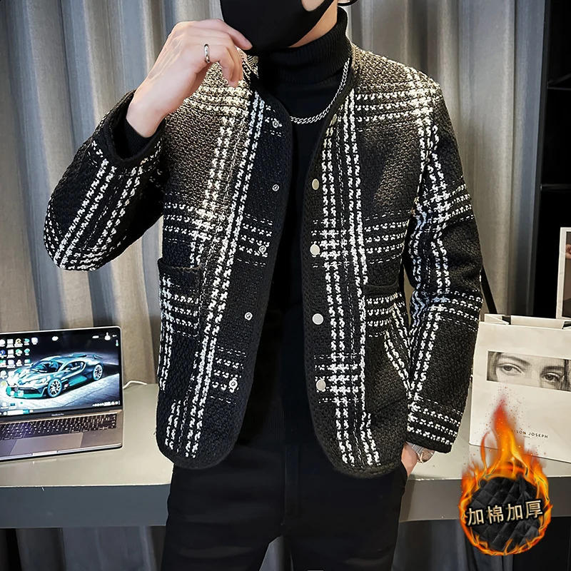 Korean fashion plain weave collarless mens Parka jacket winter thick warm cotton jacket casual business hip-hop coat 240809