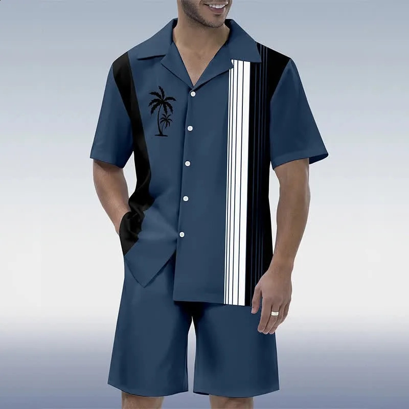 Summer striped short sleeved shirt beach pants set mens 3D digital printing casual 240809