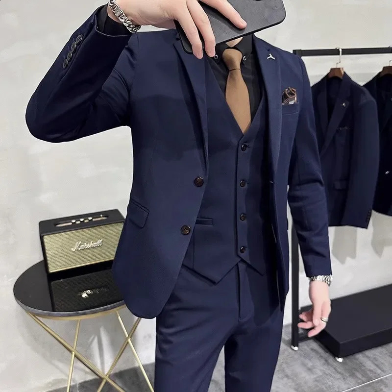 2024 mens casual boutique business solid color ultra-thin wedding dress/mens striped 3-piece jacket pants vest240809
