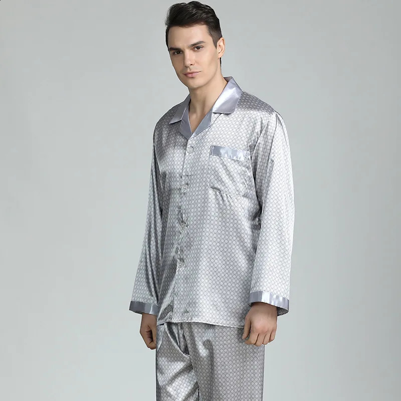 High quality satin sleepwear set mens spring and summer printed ice silk sleepwear long sleeved plus size home clothing sleepwear mens sleepwear2408