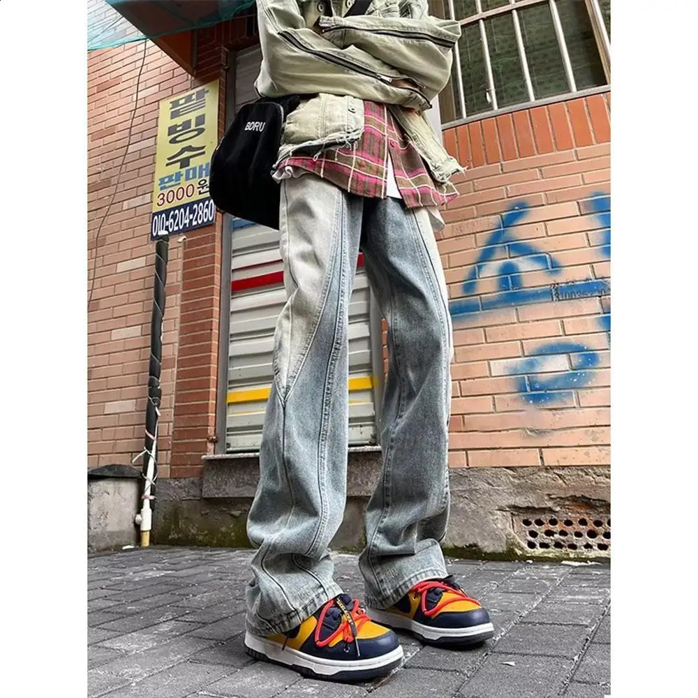 Texture d'épissage américaine en liberté large rétro gradient jeans bleu masculin streetwear slim pantalon droit skinny hommes 240810