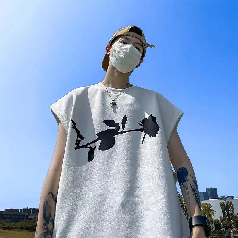 Suede vest American retro mens summer sleeveless t-shirt ins trend loose and versatile Hong Kong style student top men clothing 240810