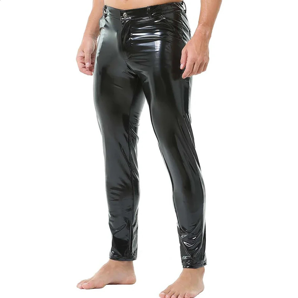 Mens tight fitting wet leather Trouser pants sexy artificial casual pencil mens shaping long legs nightclub wear 240809