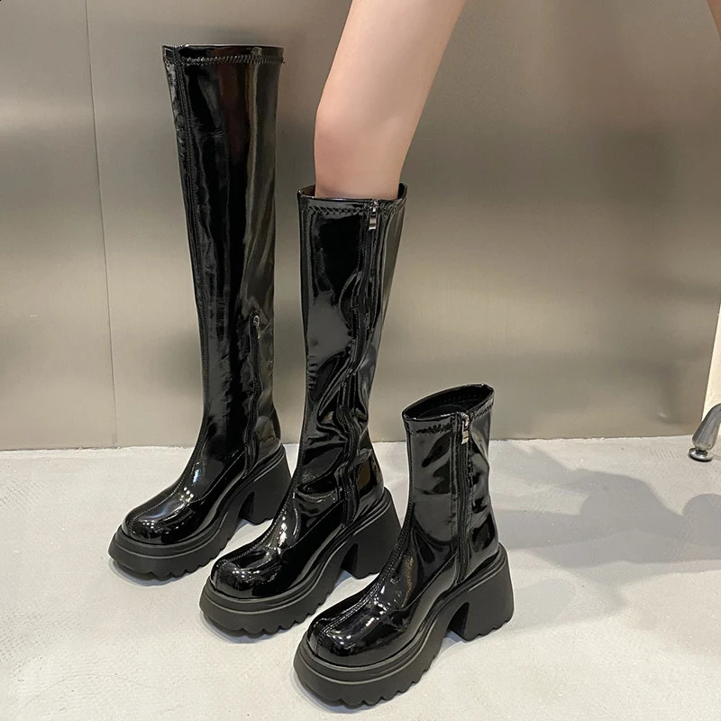 Chunky Platform Long Boots Women Patent Leather Thick High Heels Punk Shoes Woman Autumn Winter Short Plush Knee High Boots 250814