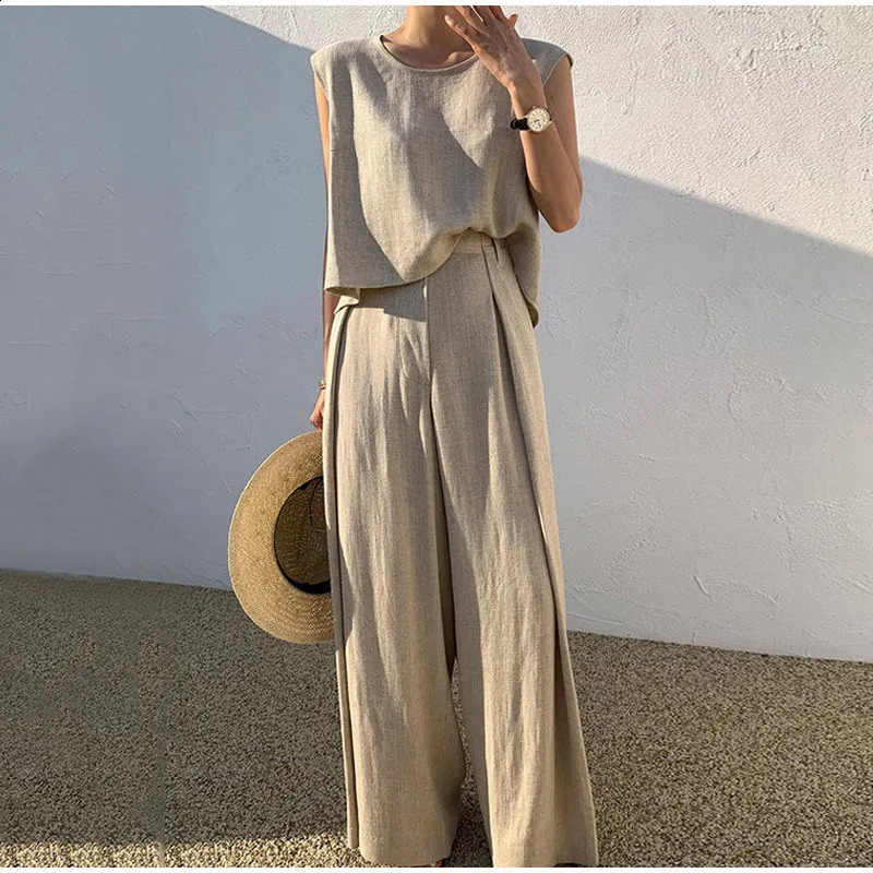 Womens cotton linen set summer sleeveless Oneck vest wide leg pants twopiece womens fashionable and casual solid loose suit 240809