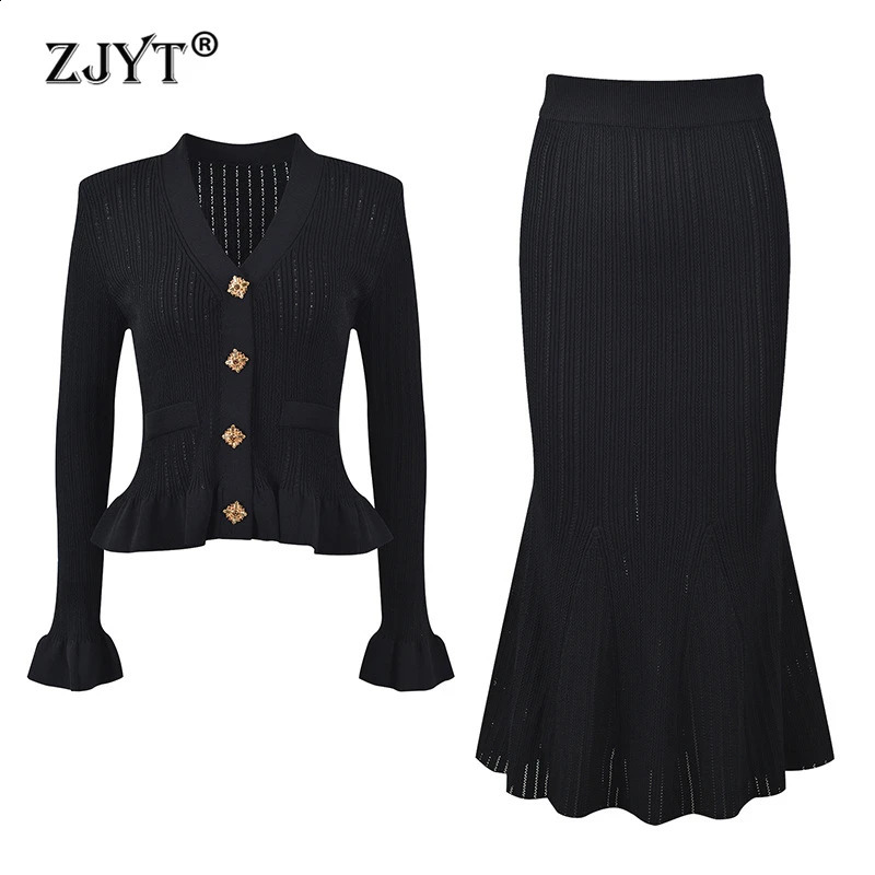 ZJYT Elegant Womens Flare Sleeve Sweater Long Mermaid Skirt 2 Piece Matching Set Knitted Suit Autumn Winter Party Outfit White 240810