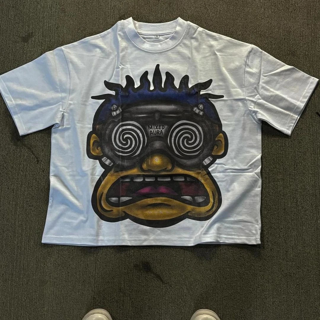 American Y2K Trendy Anime Character Pattern Printed Tshirt Mens Summer Loose Cotton Top Street Hiphop Rap Clothing 240824