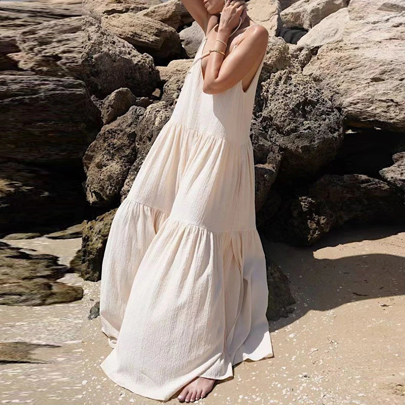 Élégant robe de plage massive plissée Femmes sexy en V Deep à col en suspension Sous-manche Robe mode Hight Robes longues lâches 240810