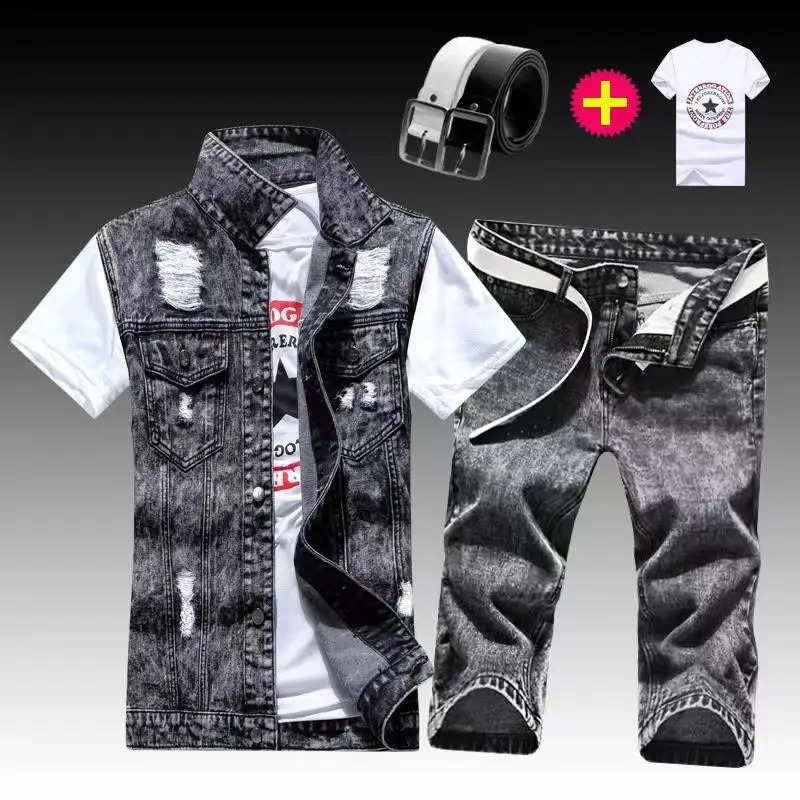 Summer mens jeans set sleeveless jacket denim shorts trendy denim jeans set jacket handsome mens clothing240809
