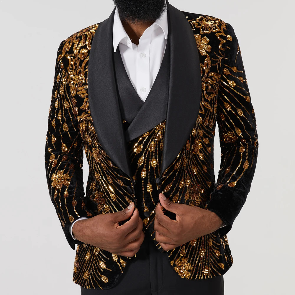 Veste de chair de travail à paillettes noires à la mode et brillante veste à bouton unique Costume de scène masculine 3 pièces 240809