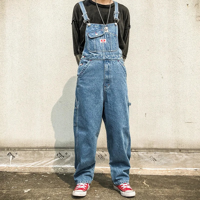 Mens denim jumpsuit straight jeans hip-hop big pocket wide leg cargo pants fashionable casual loose mens pantyhose240809