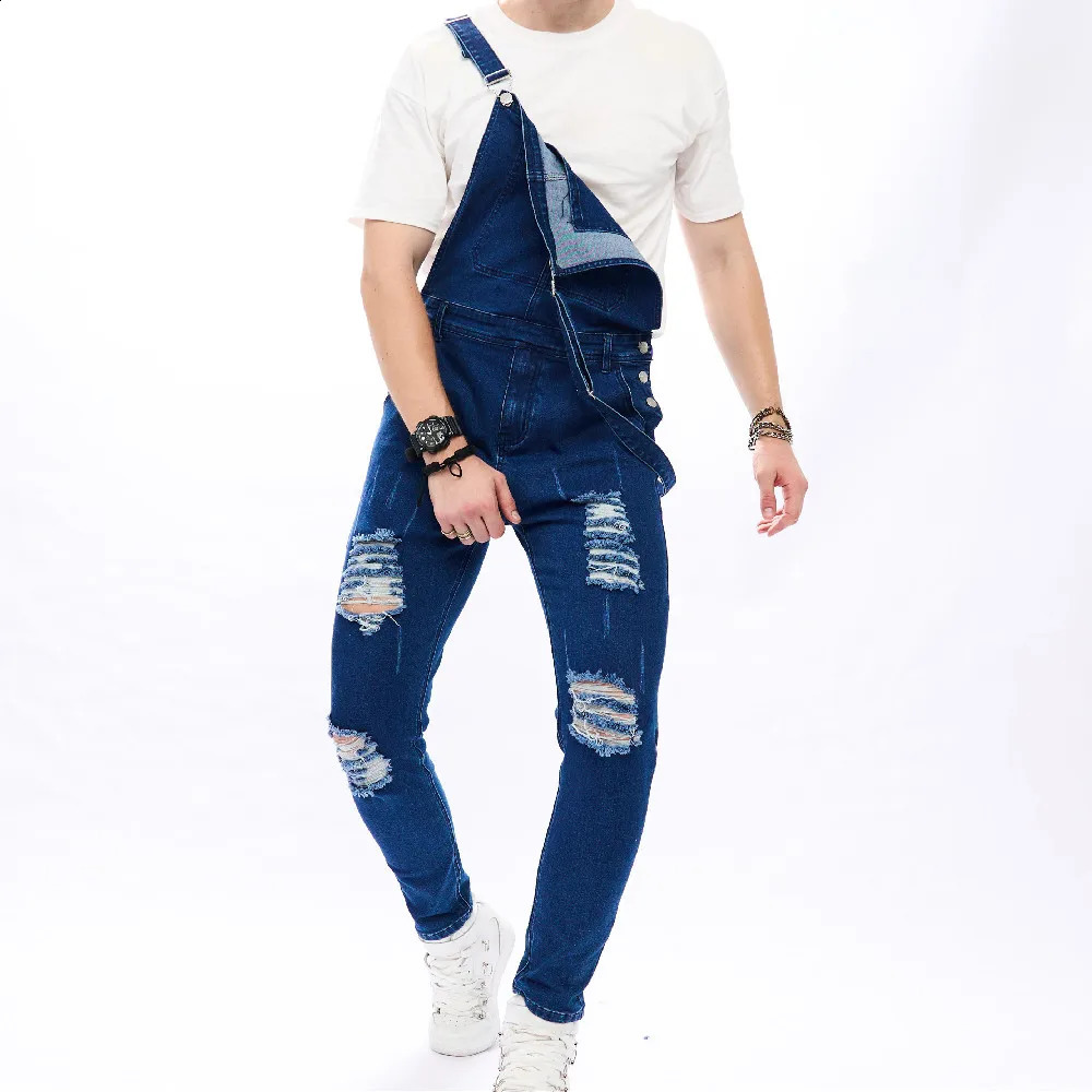 Fashionable mens hole tight bicycle shoulder strap jeans torn Distressed mens bib cover jumpsuit denim Trouser240809