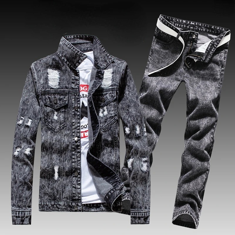 mens casual denim jacket pants Korean version trendy cool jacket mens waist jacket240809