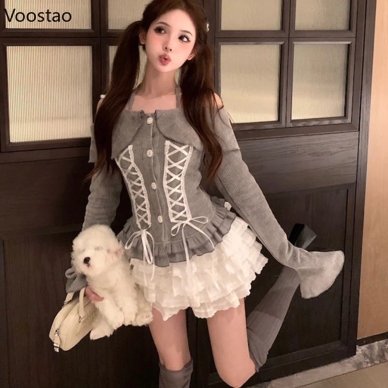 Jupe de style lolita douce 2 pièces Femmes décontractées y2k tops tricot en tricot mini-jupe gâteau jupe vintage costumes japonais 240810