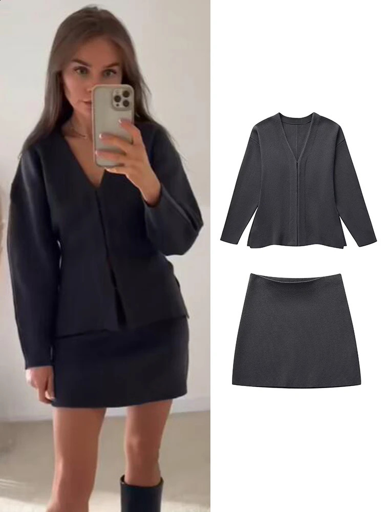 Traf Womens Knit Jupe Ensembles printemps à manches longues en tricot à manches longues Haute taille jupes 2 pièces costumes de femmes décontract