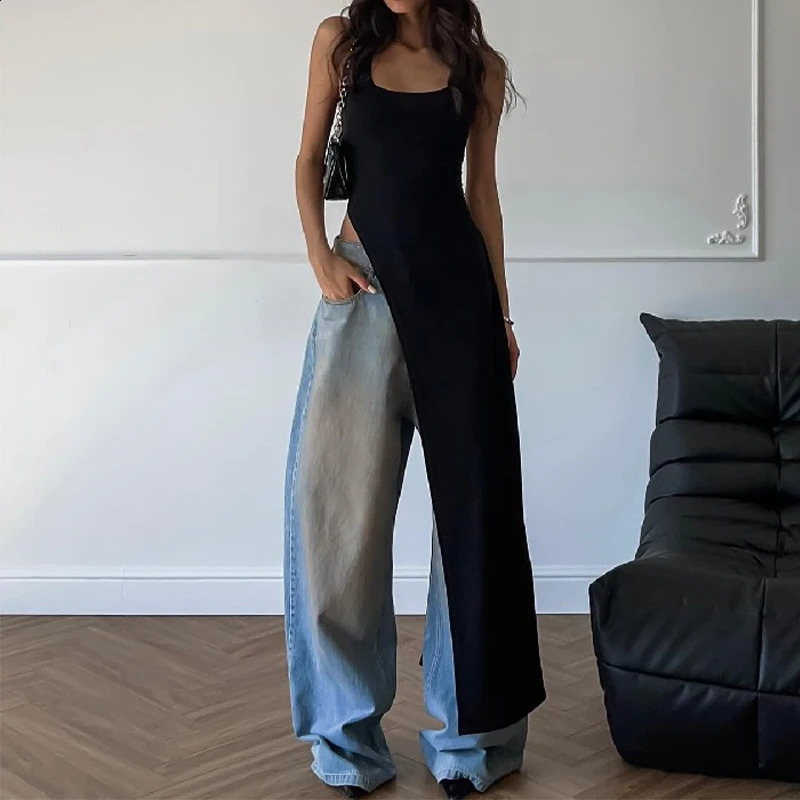 Womens 2024 summer personalized sleeveless pendant Tshirt sexy Uneck black ultrathin asymmetrical long vest 240809