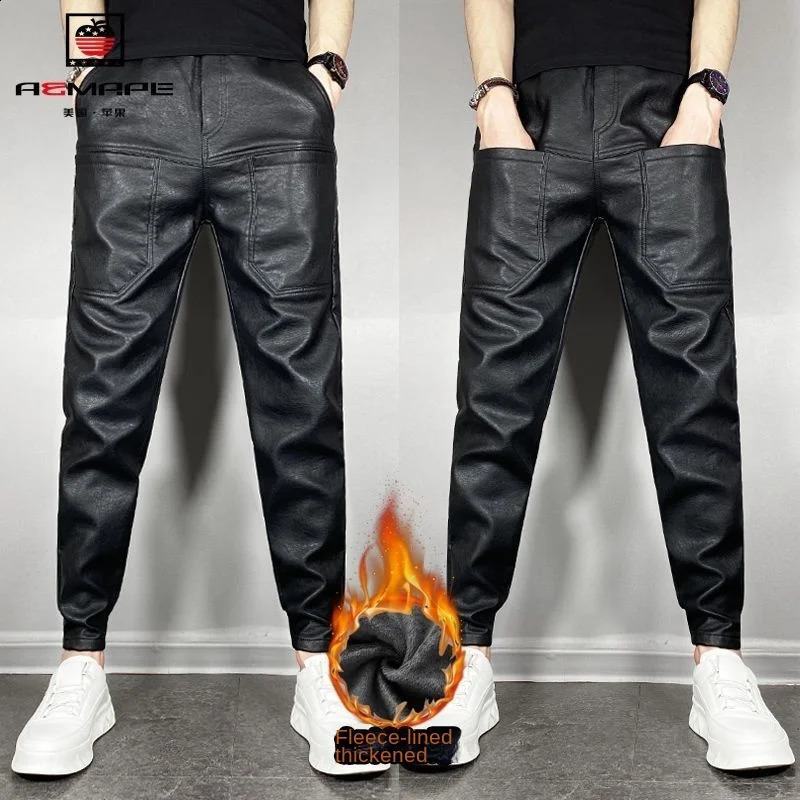 ly arrived winter mens casual faux leather pants thick motorcycle Trouser warm wool waterproof black knight 240809