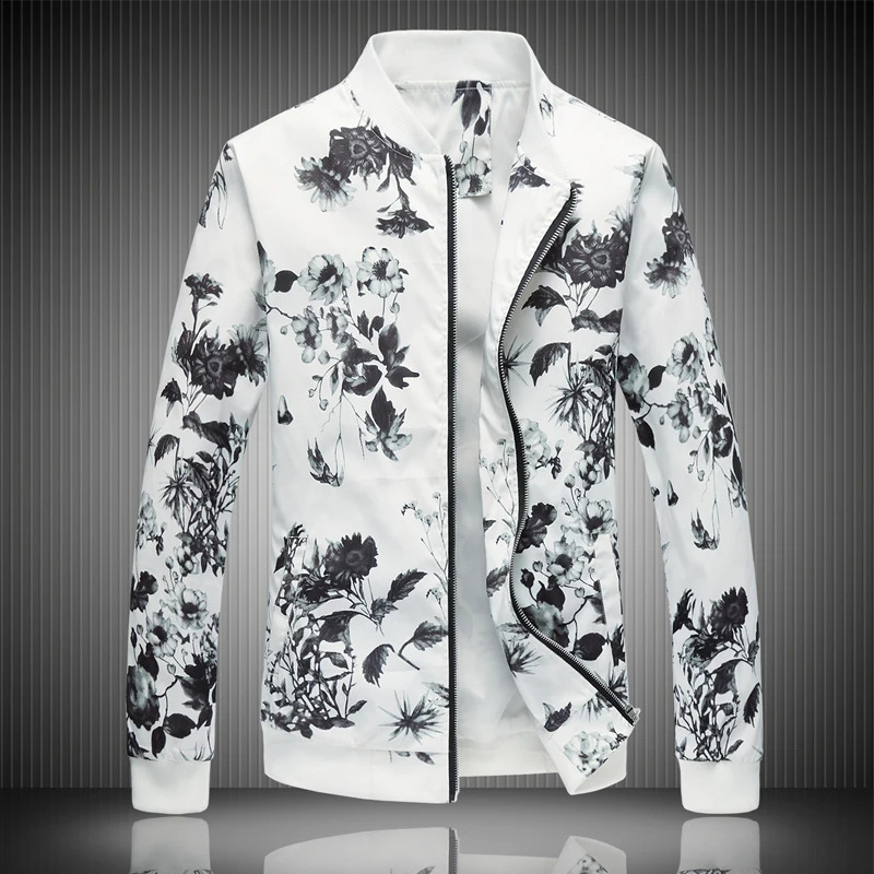 Printemps 2024 Veste imprimée florale masculine avec veste de bombardier à la mode à glissière ouverte pour hommes Slim Fit Veste plus taille plu
