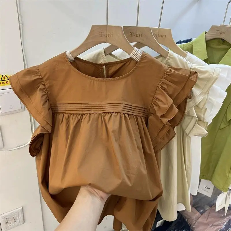 Minimalist commuting patchwork ruffled short sleeved shirt for womens summer solid loose and fashionable round neck from the UK 240809