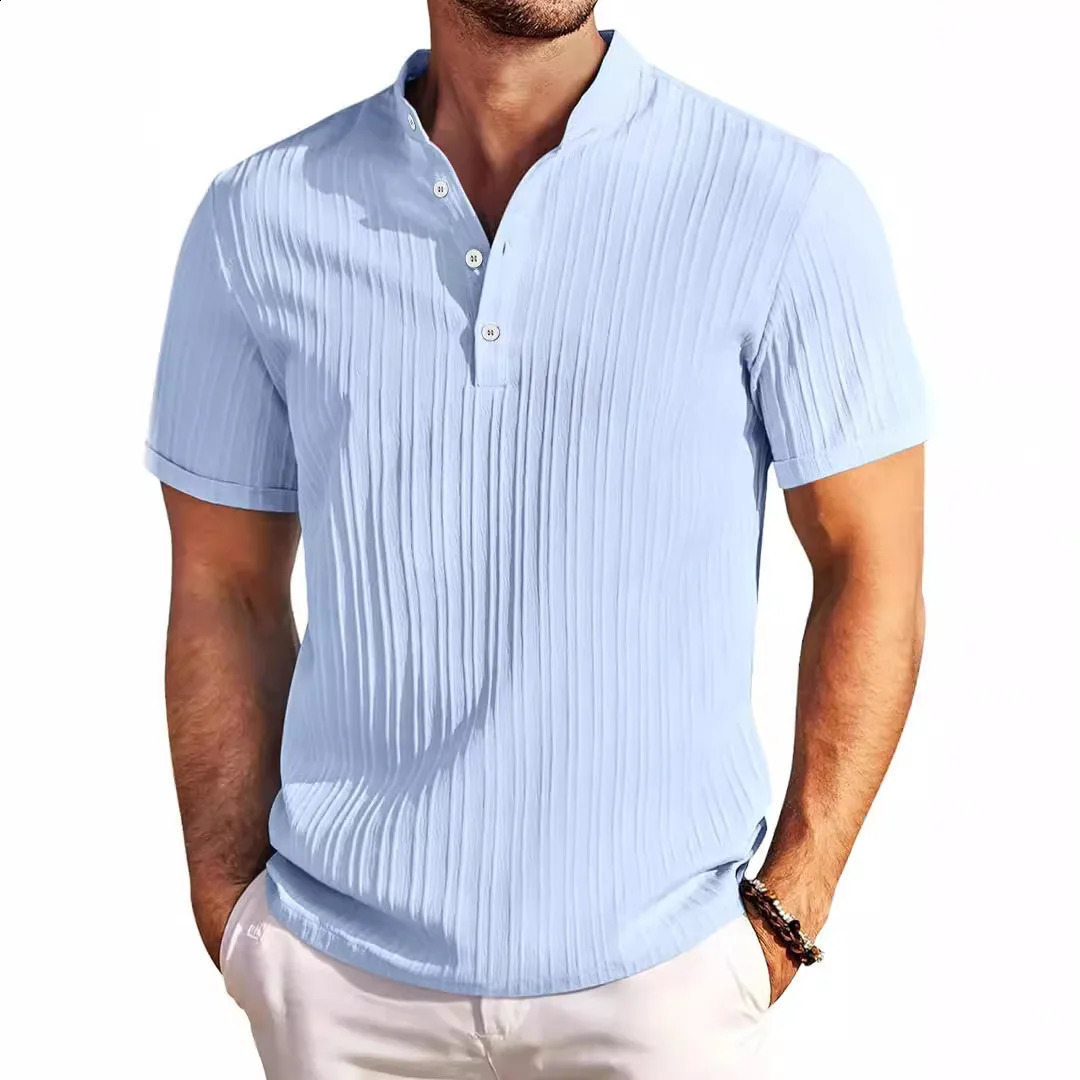 summer explosive mens fashion casual retro cotton linen pullover shirt striped Henry shirt mens top 240810