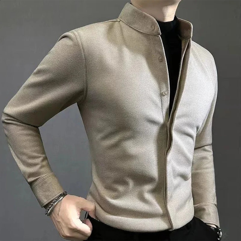 Spring and autumn mens standing collar thick soled shirt mens long sleeved casual fashion retro button up shirt mens top240809