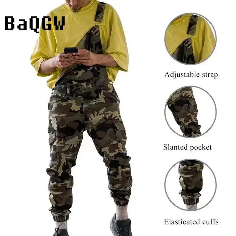Fashionable camouflage shoulder strap pants all inclusive cross button mens casual pants jeans jumpsuit denim set plus size240809
