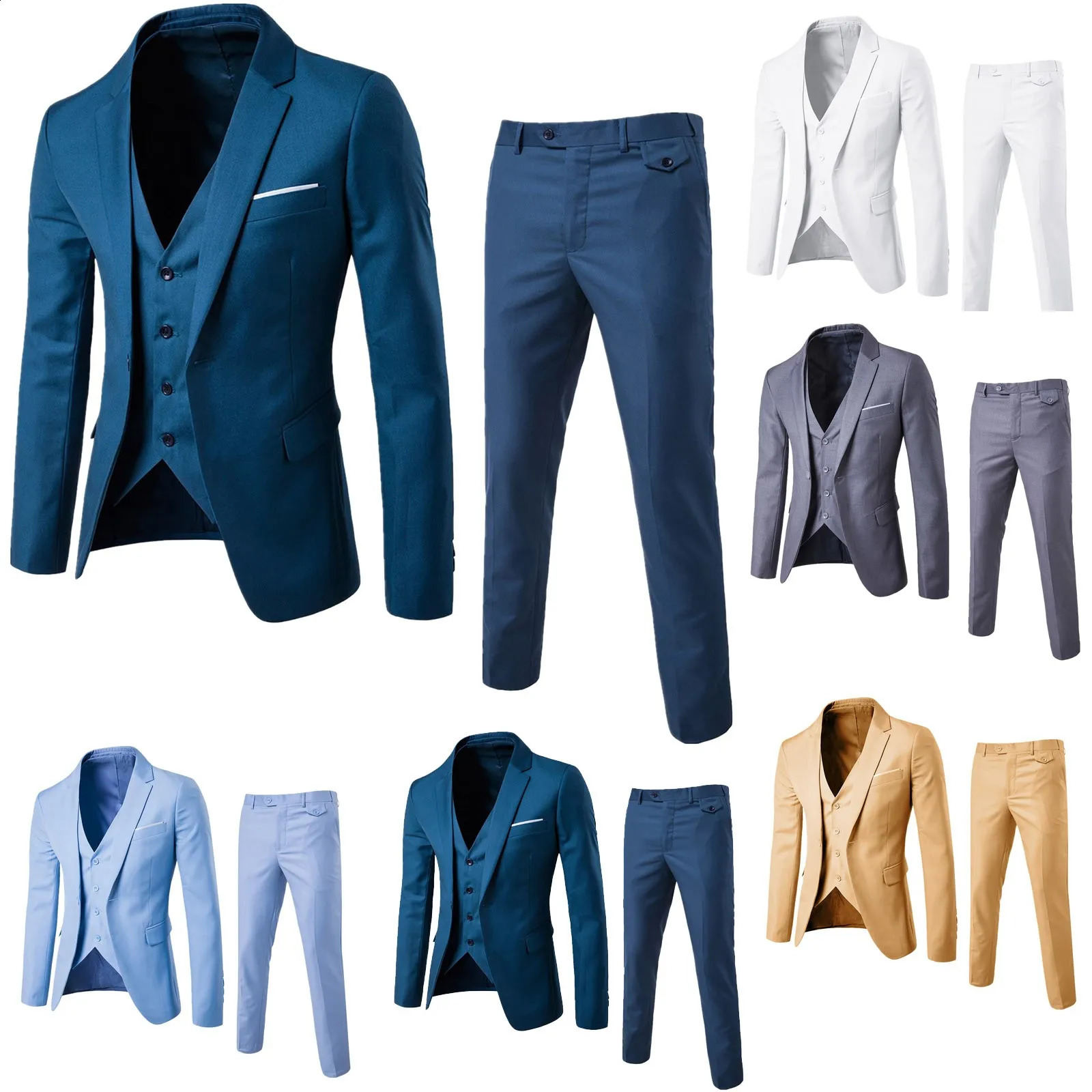 Mens ultra-thin 3-piece business suit wedding party jacket vest and pants jacket European and American style social dress shirt pants240809