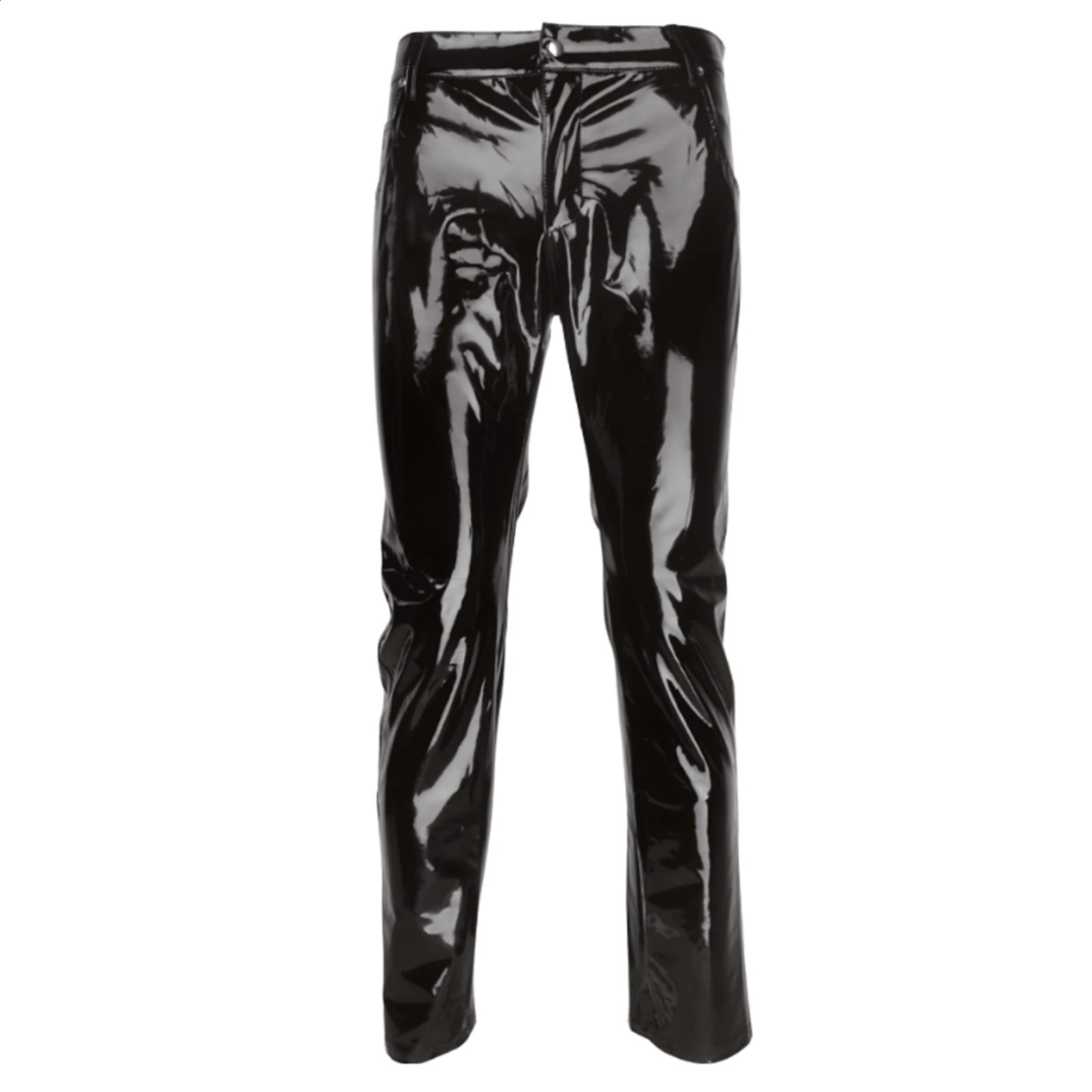 Mens Wet Appearance Patent Leather Full Length Pants Boys Black Gloss Middle Waist Straight Trouser Bar Nightclub Stage Performance Costume 24080