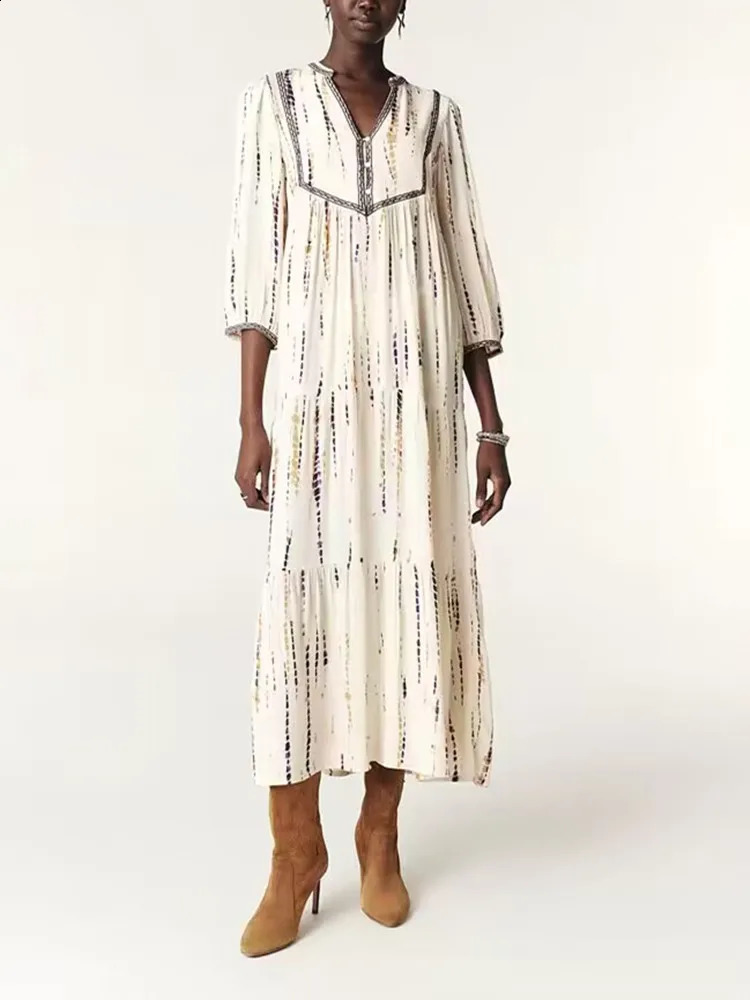 Femmes robe lâche ou chemisier à manches longues à manches longues longues Spring Summer Casual Retro Imprimez dames V-Neck Midi Robes 240810