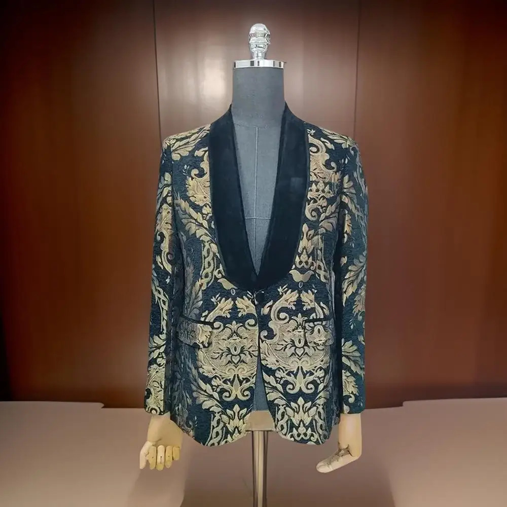 Flower wedding set mens jacket 1 piece black velvet shawl lapel mens jacket slim fit fashionable jacquard set ready for shipment240809