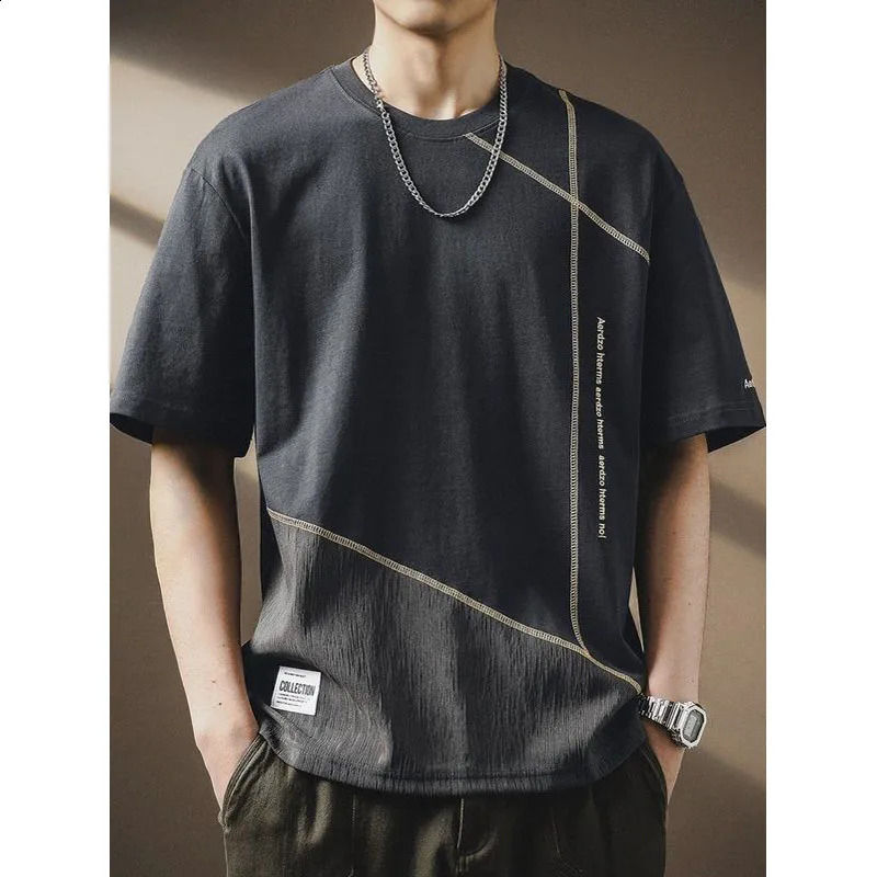 High Street Trend Bright Line Sense Patchwork Short Sleeve T-shirt Men Solid O-Neck Letter Summer Loose Casual Cotton Top 240810