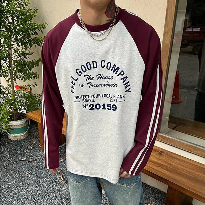 Autumn Men Trendy American Retro Letter Print Patchwork Y2K T-shirt Male Casual Streetwear Oversize O Neck Long Sleeve Tops 240810