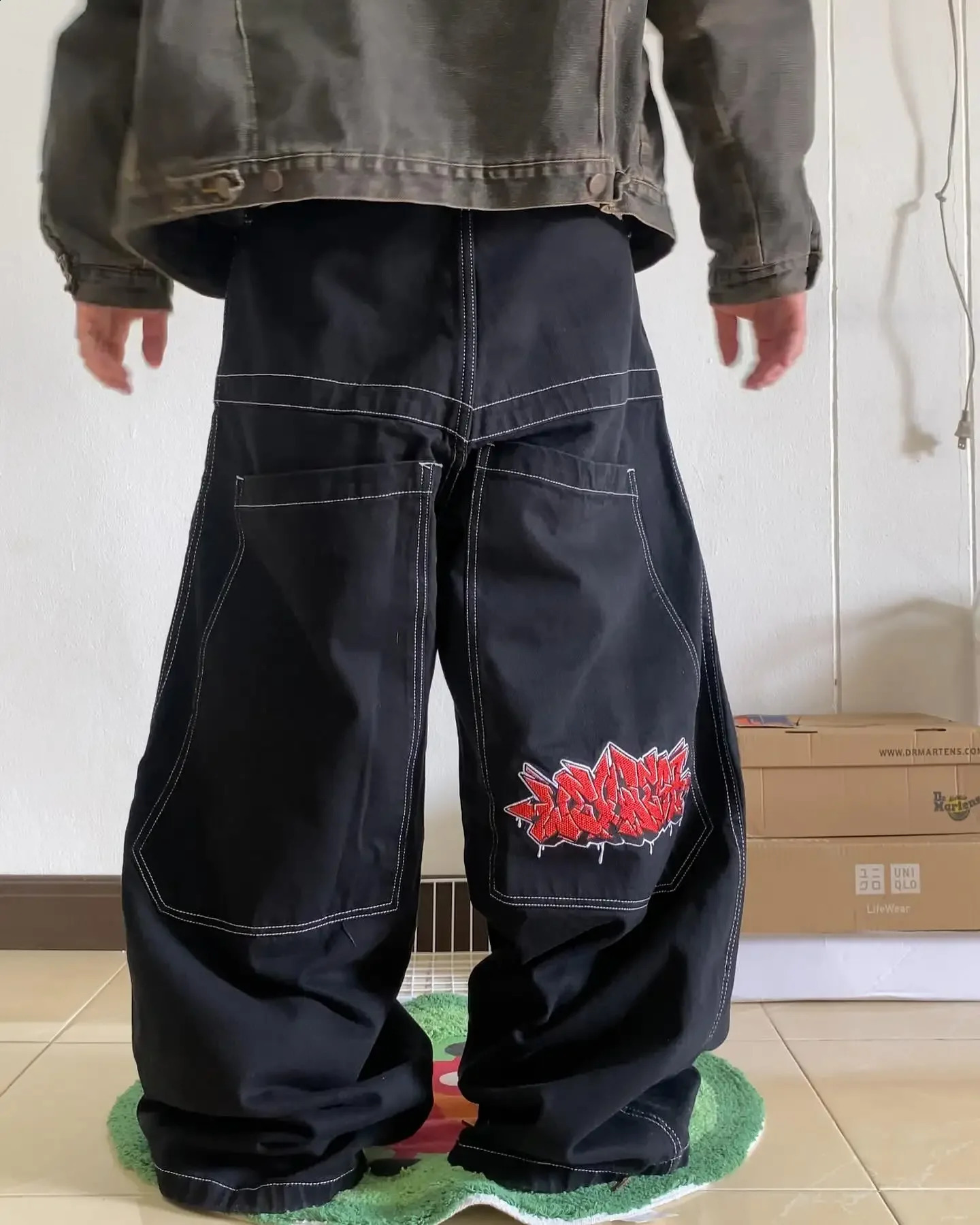 Hip hop pocket letter embroidered streetwear bag jeans Y2K retro black jeans mens pants womens high waist wide leg Trousers240809