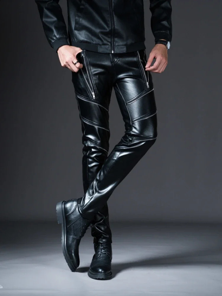 Winter Mens Tight Bicycle Leather Pants Fashion Artificial Motorcycle Trouser Stage Club Clothing 240809