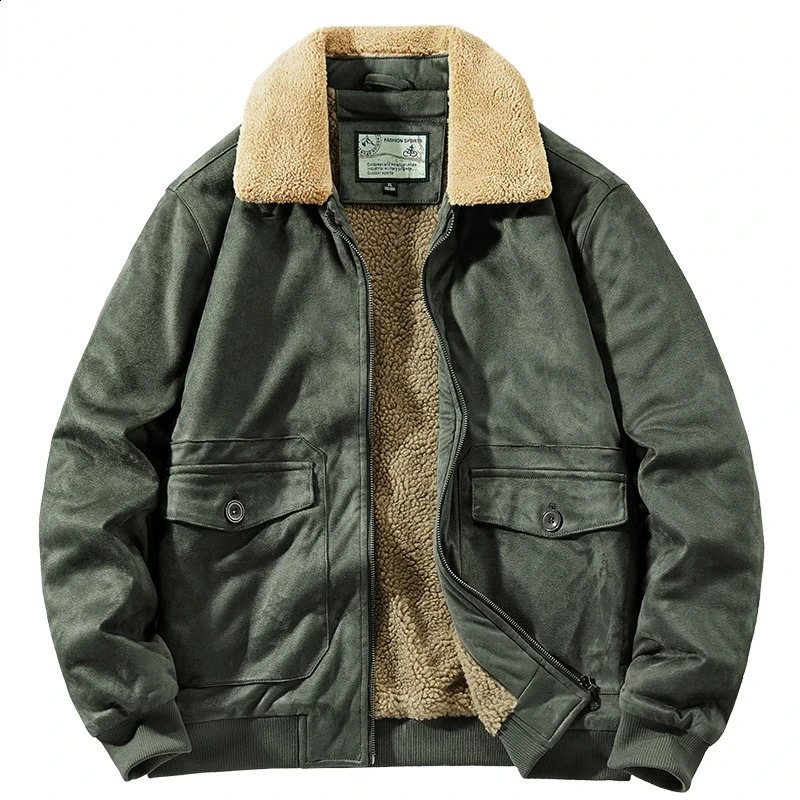 2024 Mens Winter Jacket Flip Collar Tactical Bucket Leather Wool Cargo Casual Green Retro Army Hunting Co Ltd 240809
