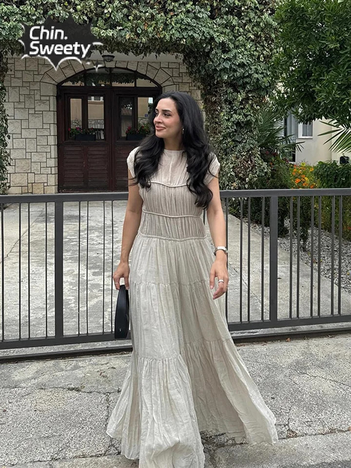 Pleated Spliced Solid Wrap Waist Maxi Dress Elegant Short Sleeve O Neck Hanging Hem Robe Summer Casual Women Commute Dresses 240810