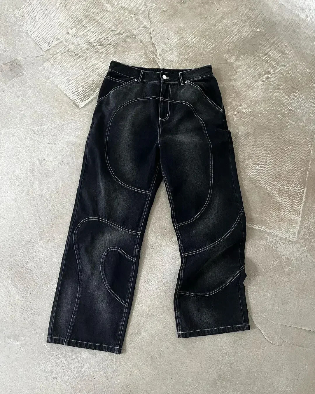 Gothic Retro Casual Splicing Black Washed Classic Straight Pants American Trendy Teen HipHop Y2K HighWaisted WideLeg Jeans 240810Z