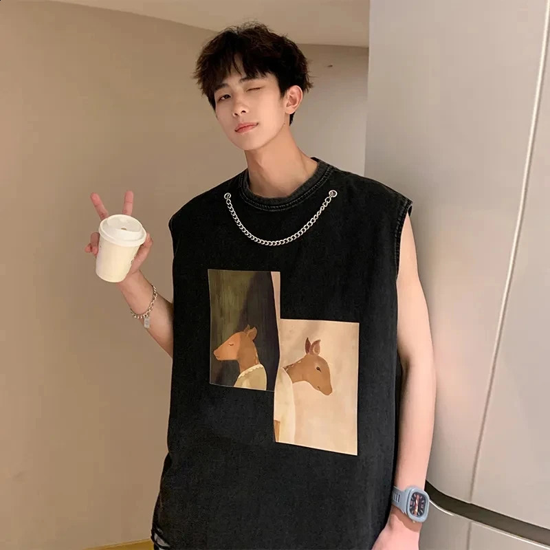Black Undershirt Mens Summer Loose Large Size Sleeveless T-shirt Netflix Sports Fitness Sweatshirt Deer Sports 240810