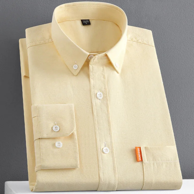 Plus Size S~6XLCasual Solid Mens Long Sleeve Shirts 100% Cotton Oxford Wash Regular-fit Button-down Dress Shirts For Male 240810