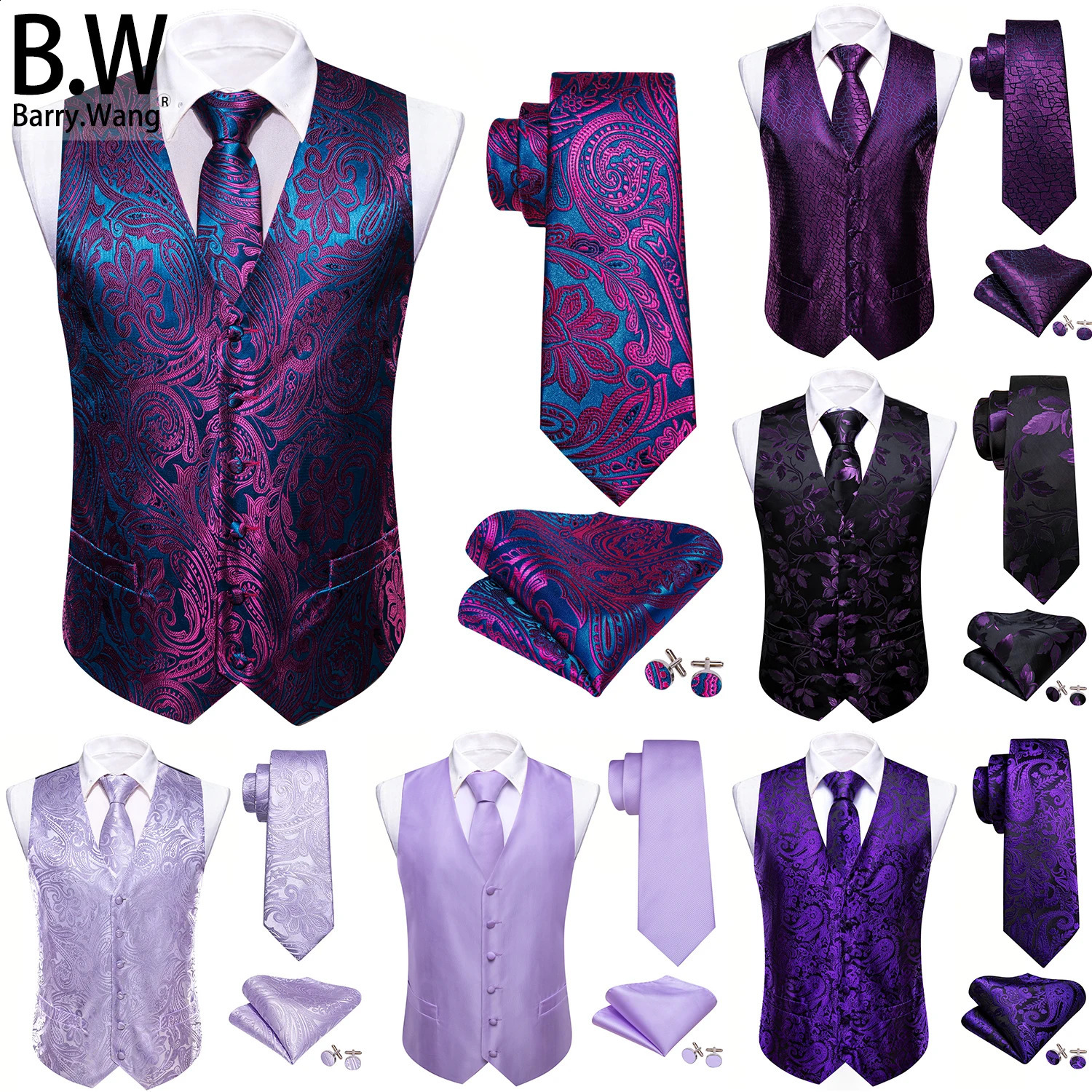 Lilas purple lavande en soie veste à hommes hanki couvêtement de manchette de manchette tissée veste sans manches de la veste sans manches Barry.