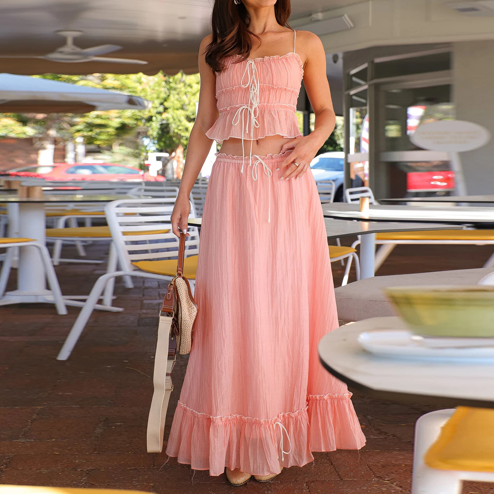Women 2 Piece Ruffle Maxi Skirt Set Y2k Front Tie Up Tank Top and Flowy Ruffle Long Skirts Summer Vacation Beach 2Pcs Outfits 240810