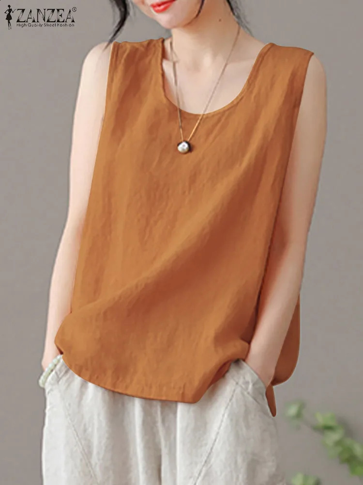 2024 Summer Tank Top Womens Fashion Sleeveless Oneck Shirt Elegant Solid OL Work Beach Tuned Cream Oversized Size 240809