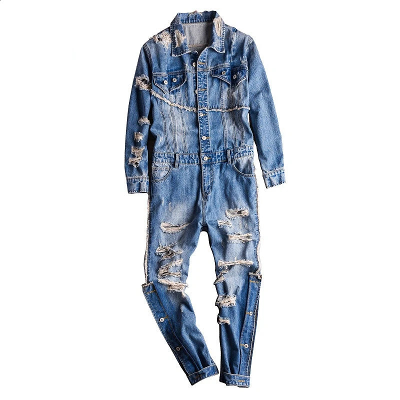 Mens denim jumpsuit hip-hop street dress perforated jeans fashionable loose and personalized pants240809