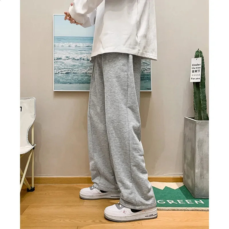 Spring Mens Loose Sports Pants Korean Fashion Street Clothing Light Grey Straight Wide Leg Pants Casual Mens Tight Pants240809